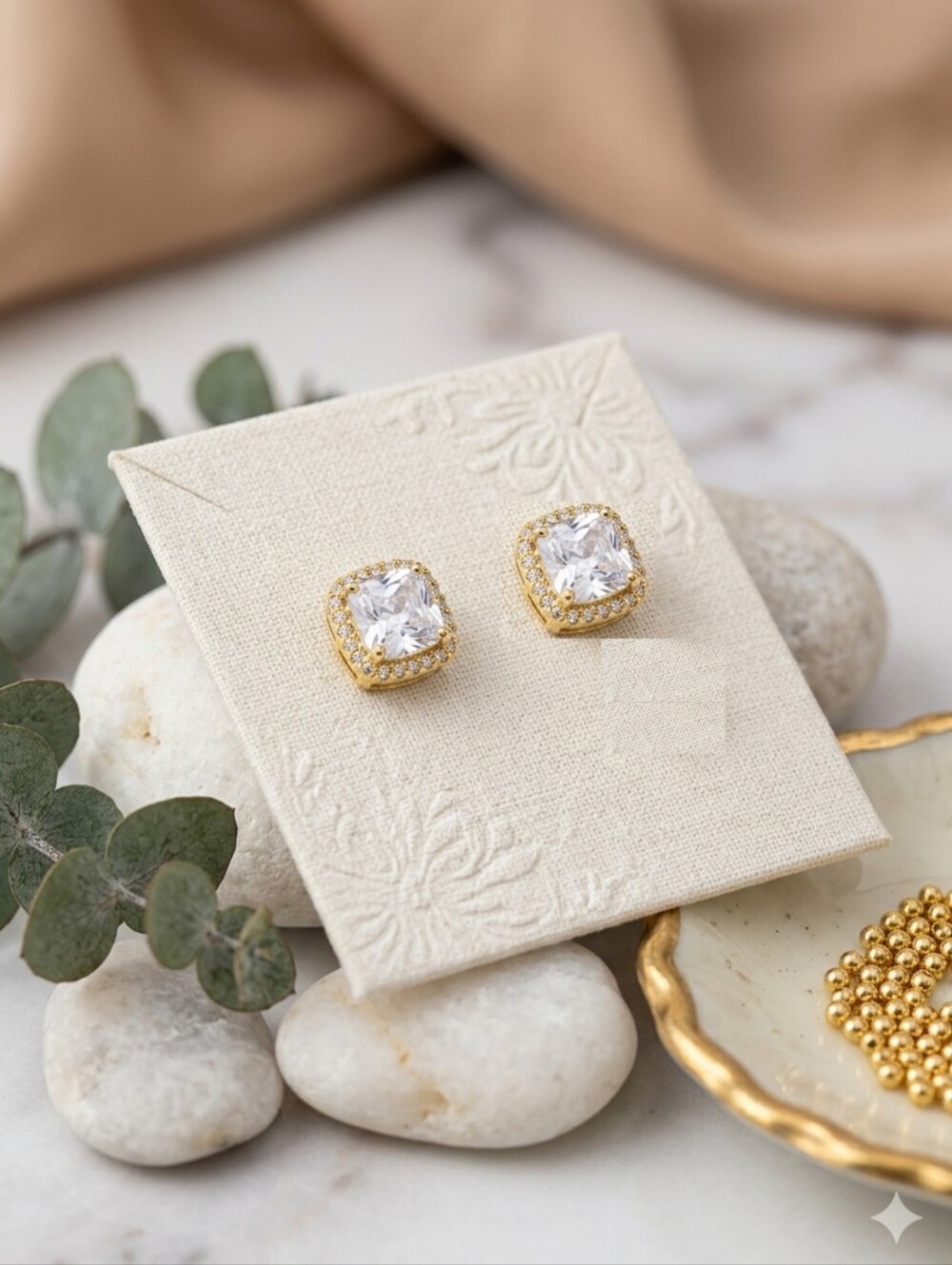 Halo CZ NWT 925 Sterling Silver Stud Earrings With Gold Over
